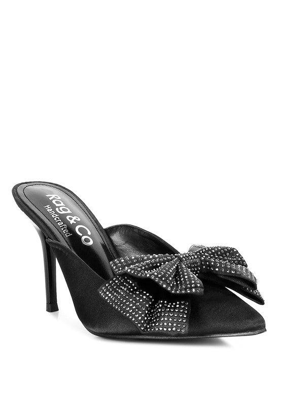 ELISDA Black Diamante Bow Heeled Mules