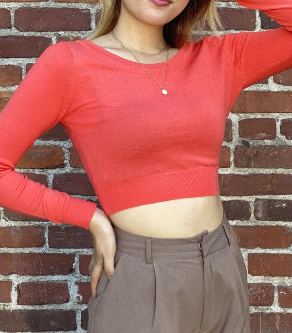 Round Neck Long Slv Crop Sweater Knit Crop Top