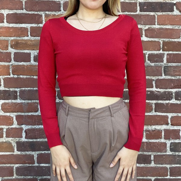 Round Neck Long Slv Crop Sweater Knit Crop Top