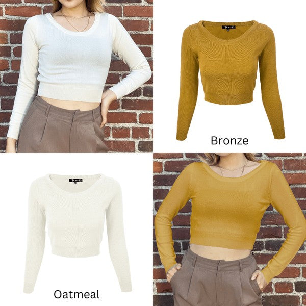 Round Neck Long Slv Crop Sweater Knit Crop Top