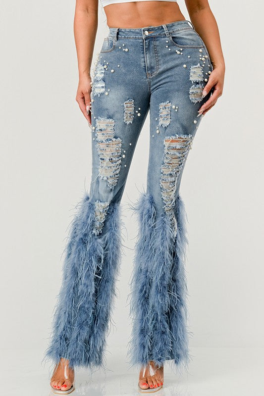 Distressed Pearl Embellished Feather Detail Jeans