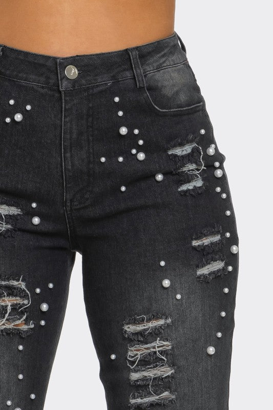 Distressed Pearl Embellished Feather Detail Jeans